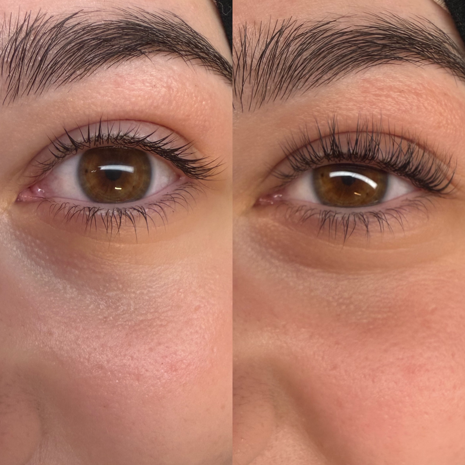 Before and after lash lift and tint treatment at Alura Skin Studio